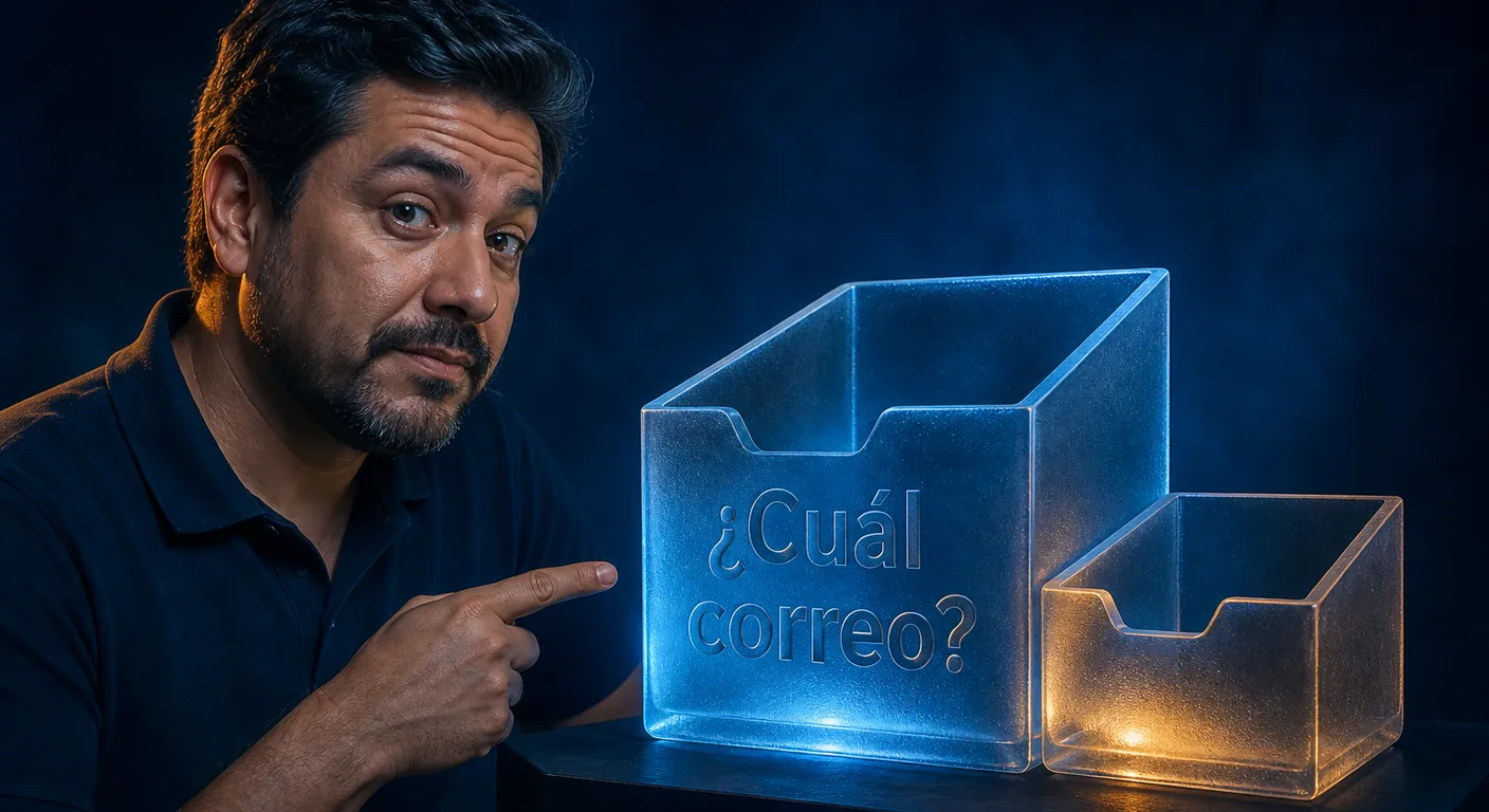 Two inboxes of crystal, different sizes, no Google logo. Texto en escena: ¿Cuál correo?