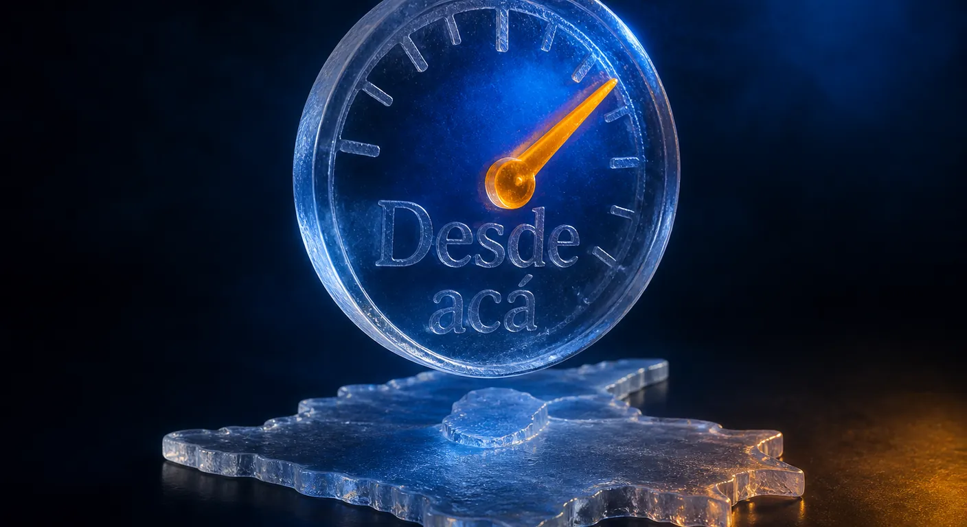 A crystal speed gauge over a Colombia relief, needle in amber. Texto en escena: Desde acá
