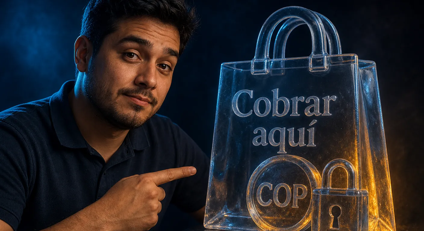 Bolsa de cristal y moneda de vidrio con candado. Texto en escena: Cobrar aquí