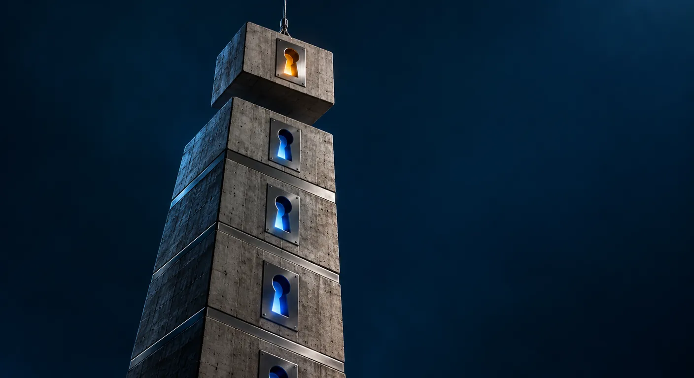 Torre de bloques de concreto que crece con una cerradura en cada nivel, incluido el bloque nuevo