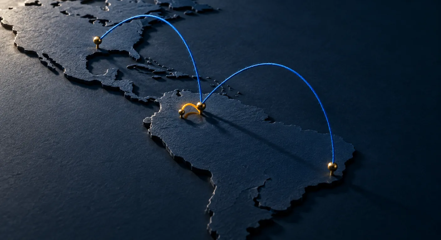 Dos hilos largos que salen de Colombia hacia Texas y São Paulo frente a un salto corto que no sale del país
