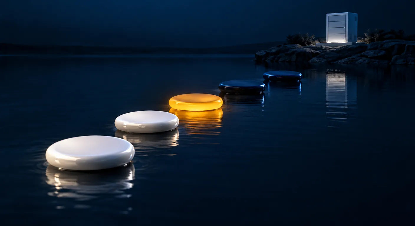 Piedras que cruzan el agua por etapas hacia un servidor; la siguiente se ilumina
