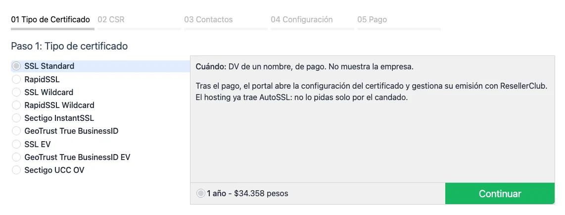 Paso 1 del carrito de Conexcol: lista de los nueve certificados SSL con su precio anual
