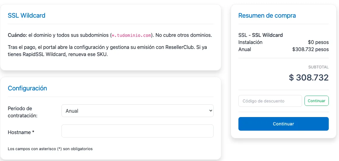Paso 2 del carrito: configuración del certificado con periodo anual, hostname y resumen de compra